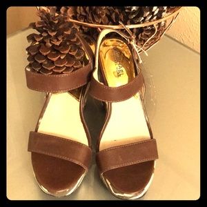 MK Ivana mocha zebra print canvas heels.